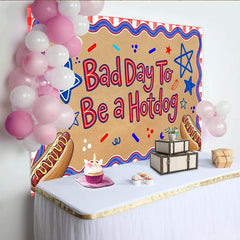 Lofaris Patriotic Independence Day Backdrop with Hotdog Slogan, Red White and Blue Stars Photo Booth Prop for Summer Party