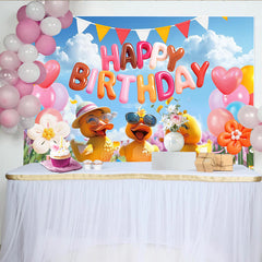 Lofaris Cute Cartoon Duck Happy Birthday Backdrop with Colorful Balloons, Festive Party Decor for Kids Photoshoot and Celebration