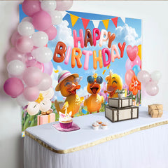 Lofaris Cute Cartoon Duck Happy Birthday Backdrop with Colorful Balloons, Festive Party Decor for Kids Photoshoot and Celebration