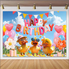 Lofaris Cute Cartoon Duck Happy Birthday Backdrop with Colorful Balloons, Festive Party Decor for Kids Photoshoot and Celebration