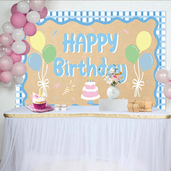 Lofaris Blue Gingham Happy Birthday Backdrop with Pastel Balloons and Cake, Cute Party Decor for Kids Photoshoot and Celebration