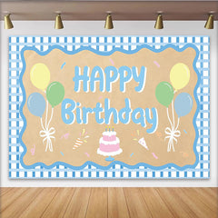 Lofaris Blue Gingham Happy Birthday Backdrop with Pastel Balloons and Cake, Cute Party Decor for Kids Photoshoot and Celebration