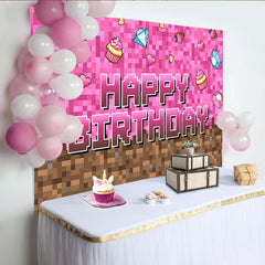 Lofaris Pink Pixel Game Birthday Backdrop with Cupcakes and Diamonds, Block Style Party Background for Girls Photoshoot