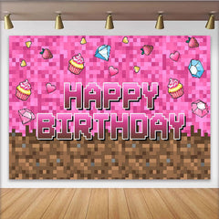 Lofaris Pink Pixel Game Birthday Backdrop with Cupcakes and Diamonds, Block Style Party Background for Girls Photoshoot