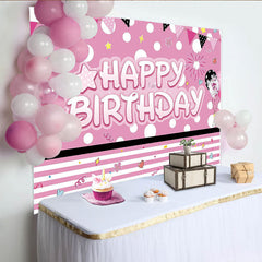 Lofaris Pink Polka Dot Happy Birthday Party Backdrop with Balloons and Bunting, Festive Photo Background for Girls Celebration