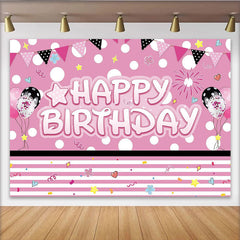 Lofaris Pink Polka Dot Happy Birthday Party Backdrop with Balloons and Bunting, Festive Photo Background for Girls Celebration