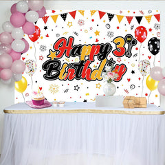 Lofaris Red Black Yellow Happy 3rd Birthday Backdrop with Balloons and Banner, Colorful Party Background for Kids Photoshoot Decoration