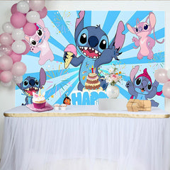 Lofaris Blue Cartoon Birthday Backdrop with Alien Characters, Cake and Ice Cream, Fun Party Decoration for Kids Photoshoot