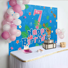 Lofaris Blue Tropical 7th Birthday Backdrop with Ukuleles and Hibiscus Flowers, Hawaiian Party Photography Background Decor