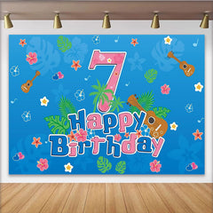Lofaris Blue Tropical 7th Birthday Backdrop with Ukuleles and Hibiscus Flowers, Hawaiian Party Photography Background Decor