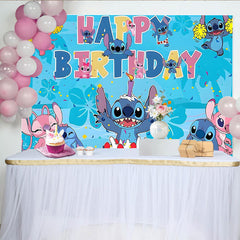 Lofaris Blue and Pink Cartoon Birthday Backdrop with Cake and Confetti, Fun Party Background for Kids Celebration