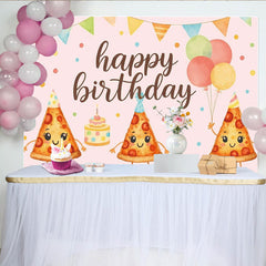 Lofaris Pink Cartoon Pizza Birthday Backdrop with Party Hats and Balloons, Happy Birthday Party Decor for Kids Photoshoot