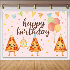 Lofaris Pink Cartoon Pizza Birthday Backdrop with Party Hats and Balloons, Happy Birthday Party Decor for Kids Photoshoot