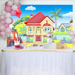 Lofaris Colorful Cartoon House Birthday Backdrop with Red Car and Balloon, Bright Party Decor for Kids Photoshoot