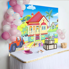 Lofaris Colorful Cartoon House Birthday Backdrop with Red Car and Balloon, Bright Party Decor for Kids Photoshoot