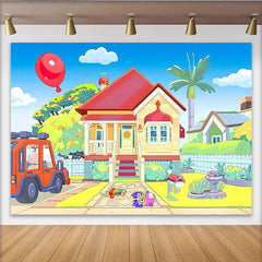 Lofaris Colorful Cartoon House Birthday Backdrop with Red Car and Balloon, Bright Party Decor for Kids Photoshoot