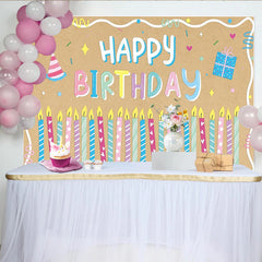 Lofaris Colorful Cartoon Happy Birthday Backdrop with Candles and Party Hat, Kraft Paper Texture Background for Kids Party Decor
