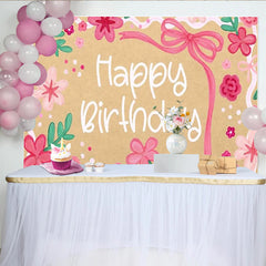 Lofaris Floral Pink Happy Birthday Backdrop with Ribbons and Green Leaves, Cute Kraft Paper Texture Background for Girls Party Decoration