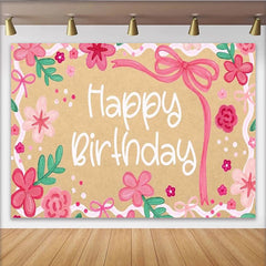 Lofaris Floral Pink Happy Birthday Backdrop with Ribbons and Green Leaves, Cute Kraft Paper Texture Background for Girls Party Decoration