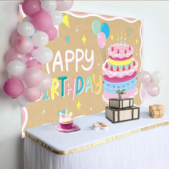 Lofaris Colorful Cartoon Birthday Backdrop with Cake and Balloons, Cute Photo Background for Kids Party Decor and Studio Photoshoot.