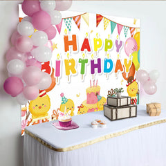 Lofaris Cute Cartoon Chick Birthday Backdrop with Colorful Balloons, Party Flags and Cake Photography Background for Kids Celebration