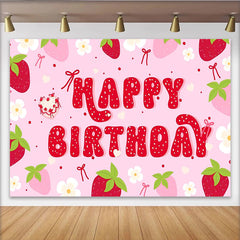 Lofaris Pink Strawberry Happy Birthday Backdrop with Heart Cake and Flowers, Sweet Party Background for Girls Photoshoot