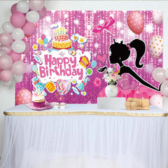Lofaris Pink Glitter Girl Birthday Backdrop with Cake and Balloons, Sparkling Party Decor for Photoshoot and Celebration
