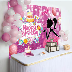 Lofaris Pink Glitter Girl Birthday Backdrop with Cake and Balloons, Sparkling Party Decor for Photoshoot and Celebration