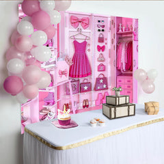 Lofaris Pink Glamour Fashion Closet Backdrop with Glitter Dress and Accessories, Luxurious Studio Background for Girls Party and Photoshoot