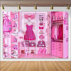 Lofaris Pink Glamour Fashion Closet Backdrop with Glitter Dress and Accessories, Luxurious Studio Background for Girls Party and Photoshoot
