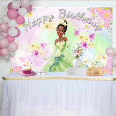 Lofaris Green Gown Cartoon Birthday Backdrop with Floral Design, Vibrant Party Background for Girls Photoshoot Decoration