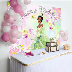 Lofaris Green Gown Cartoon Birthday Backdrop with Floral Design, Vibrant Party Background for Girls Photoshoot Decoration