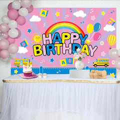 Lofaris Colorful Happy Birthday Cartoon Birthday Backdrop with Rainbow, Playful Hot Air Balloons School Bus Background for Kids Party Decor