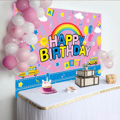 Lofaris Colorful Happy Birthday Cartoon Birthday Backdrop with Rainbow, Playful Hot Air Balloons School Bus Background for Kids Party Decor