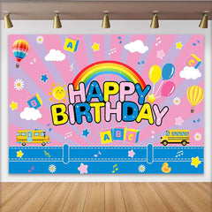 Lofaris Colorful Happy Birthday Cartoon Birthday Backdrop with Rainbow, Playful Hot Air Balloons School Bus Background for Kids Party Decor