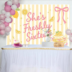 Lofaris Sweet Sixteen Lemon Birthday Backdrop with Yellow Stripes and Pink Bow, Freshly Sixteen Party Background for Girls Photoshoot
