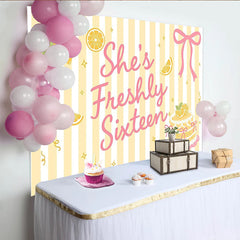 Lofaris Sweet Sixteen Lemon Birthday Backdrop with Yellow Stripes and Pink Bow, Freshly Sixteen Party Background for Girls Photoshoot