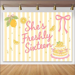 Lofaris Sweet Sixteen Lemon Birthday Backdrop with Yellow Stripes and Pink Bow, Freshly Sixteen Party Background for Girls Photoshoot