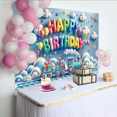 Lofaris Blue Cartoon Train Birthday Backdrop with Colorful Balloons and Gift Boxes, Party Decor for Kids Photoshoot