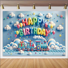 Lofaris Blue Cartoon Train Birthday Backdrop with Colorful Balloons and Gift Boxes, Party Decor for Kids Photoshoot