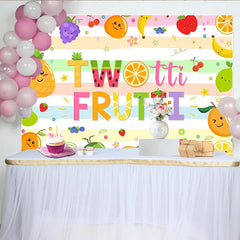 Lofaris Two-tti Frutti Birthday Backdrop with Cute Cartoon Fruits, Pastel Striped Photo Background for Kids 2nd Birthday Party