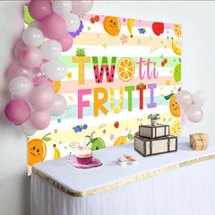 Lofaris Two-tti Frutti Birthday Backdrop with Cute Cartoon Fruits, Pastel Striped Photo Background for Kids 2nd Birthday Party