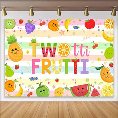 Lofaris Two-tti Frutti Birthday Backdrop with Cute Cartoon Fruits, Pastel Striped Photo Background for Kids 2nd Birthday Party