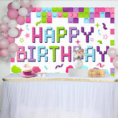 Lofaris Colorful Building Block Happy Birthday Backdrop for Kids Party, Vibrant Brick Wall Theme Background for Photo Booth Props