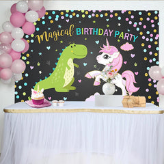 Lofaris Magical Dinosaur and Unicorn Birthday Backdrop with Confetti, Cute Cartoon Party Background for Kids Photoshoot Decor