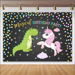 Lofaris Magical Dinosaur and Unicorn Birthday Backdrop with Confetti, Cute Cartoon Party Background for Kids Photoshoot Decor