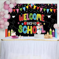 Lofaris Colorful Welcome Back to School Backdrop with Pencils, Confetti and Banners for Classroom Decor, Photo Booth Prop