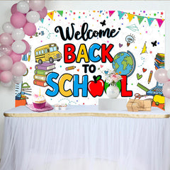 Lofaris Colorful Welcome Back To School Backdrop with School Bus and Books, Vibrant Educational Background for Classroom Decor and Party Photos