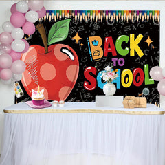 Lofaris Vibrant Back to School Backdrop with Red Apple and Chalkboard Art, Colorful Pencil Border Photography Background for Classroom or Party
