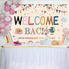 Lofaris Colorful Welcome Back to School Backdrop with Rainbows and Books, Fun Party Decoration for Classroom Photography